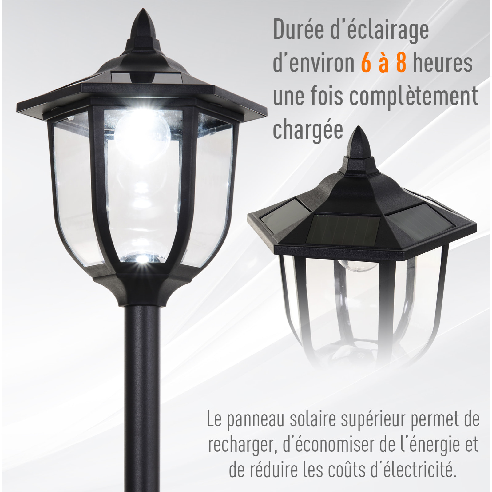 Outsunny Luminaire extérieur solaire lampadaire lanterne classique LED 60 Lm max. dim. 26L x 26l x 177H cm noir