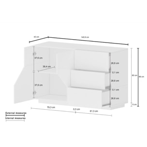 Credenza moderna a 2 ante geometriche e 3 cassetti, Made in Italy, Madia da cucina, Buffet di design da soggiorno, Cm 141x43h86, Bianco lucido e Acero