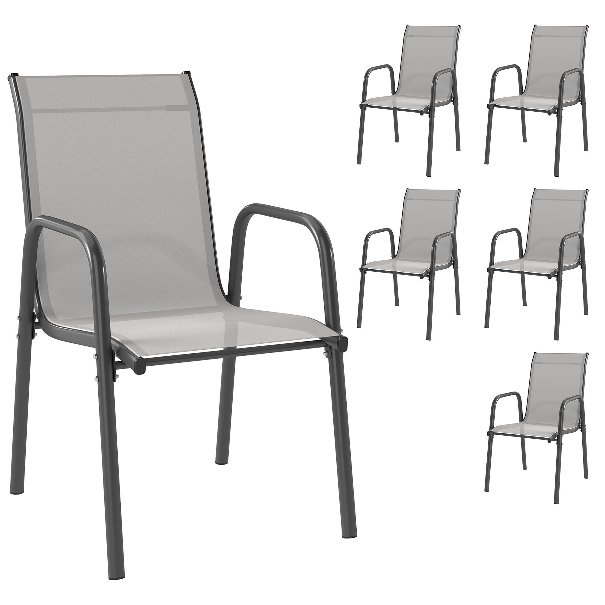 Juego de 6 Sillas de Jardín Exterior Apilables, Sillas Terraza Exterior con Reposabrazos, Asiento y Respaldo de Malla Transpirable, Estructura Metálica Resistente, 51x69x87 cm, Gris Claro