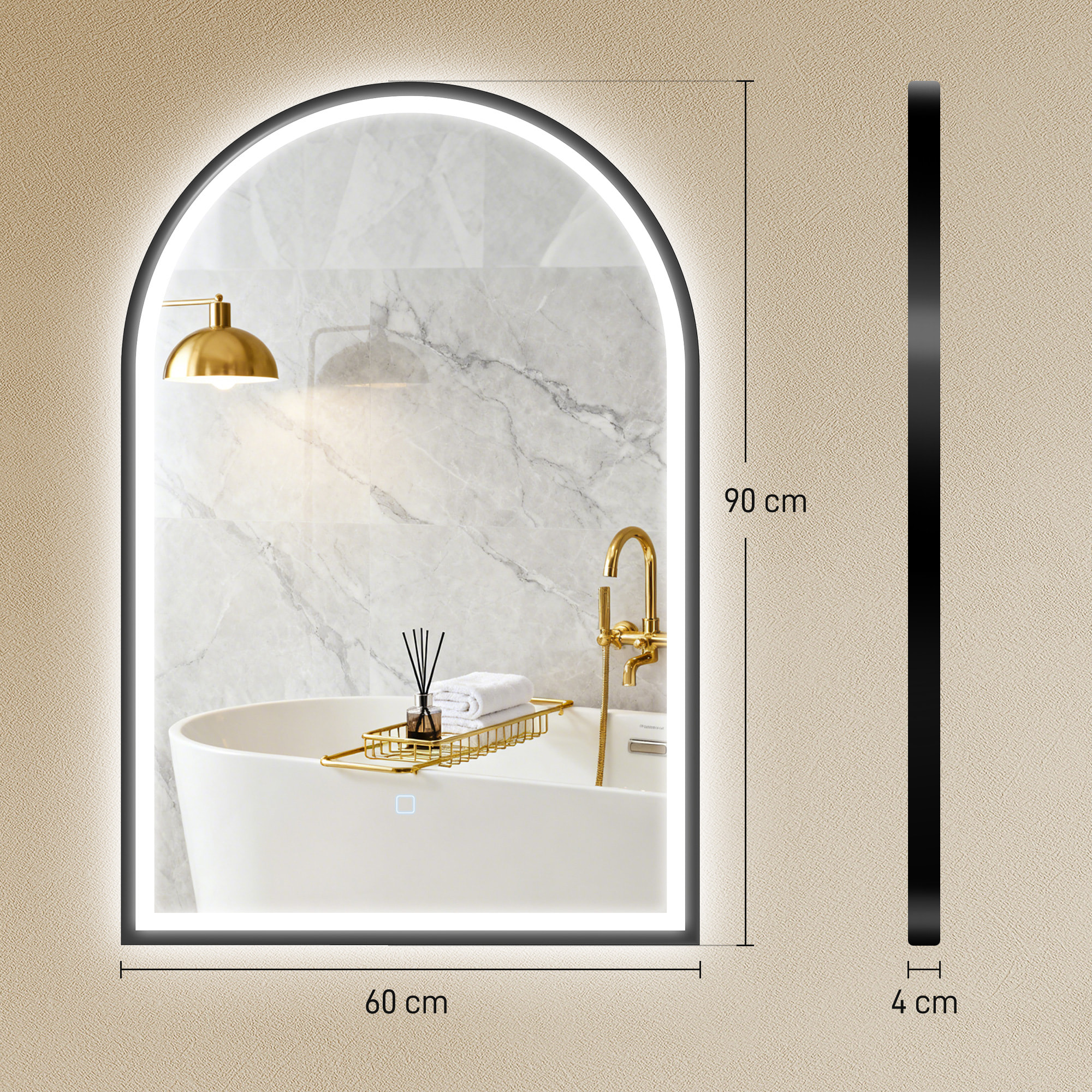 Miroir salle de bain LED design arche 60 x 90 cm anti-buée dimmable tactile réglable verre trempé alu noir