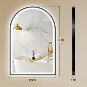 Miroir salle de bain LED design arche 60 x 90 cm anti-buée dimmable tactile réglable verre trempé alu noir
