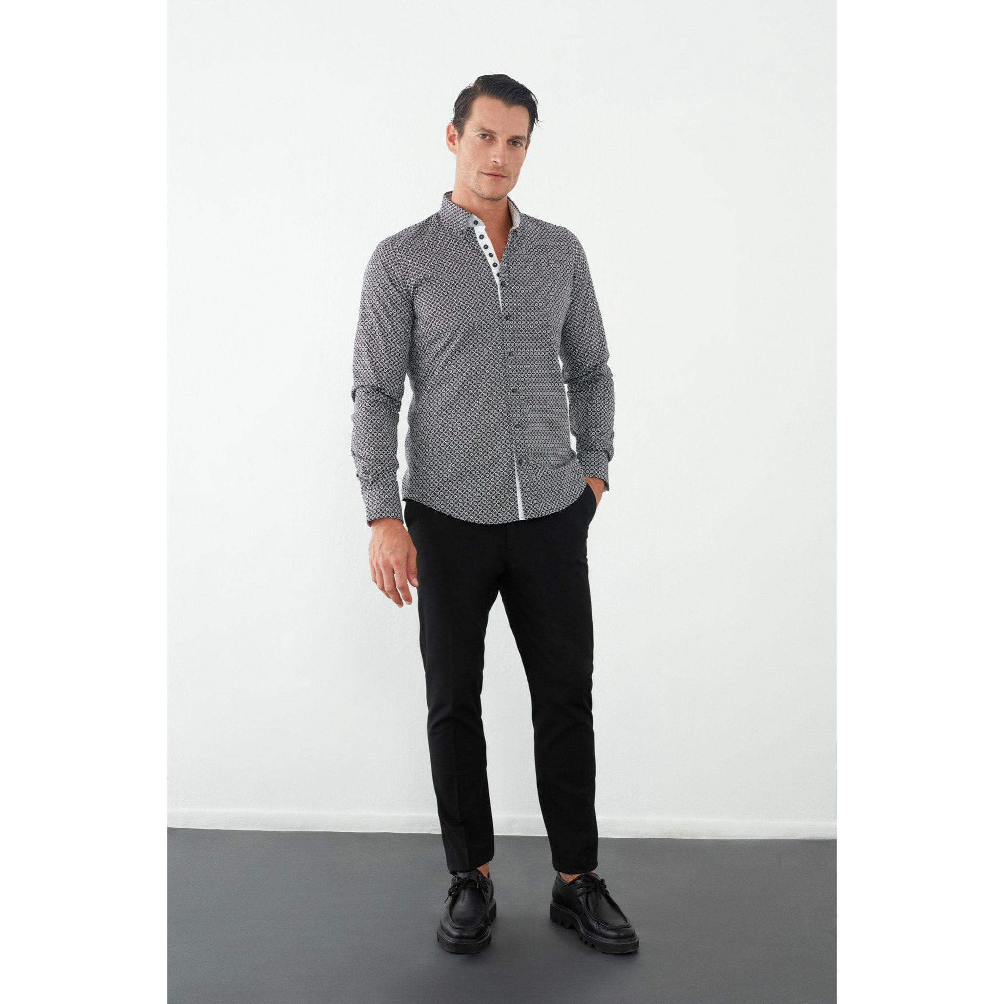 Camicia Uomo 1 Bottoni Button Down Slim Popeline Stampato Nero/Bianco