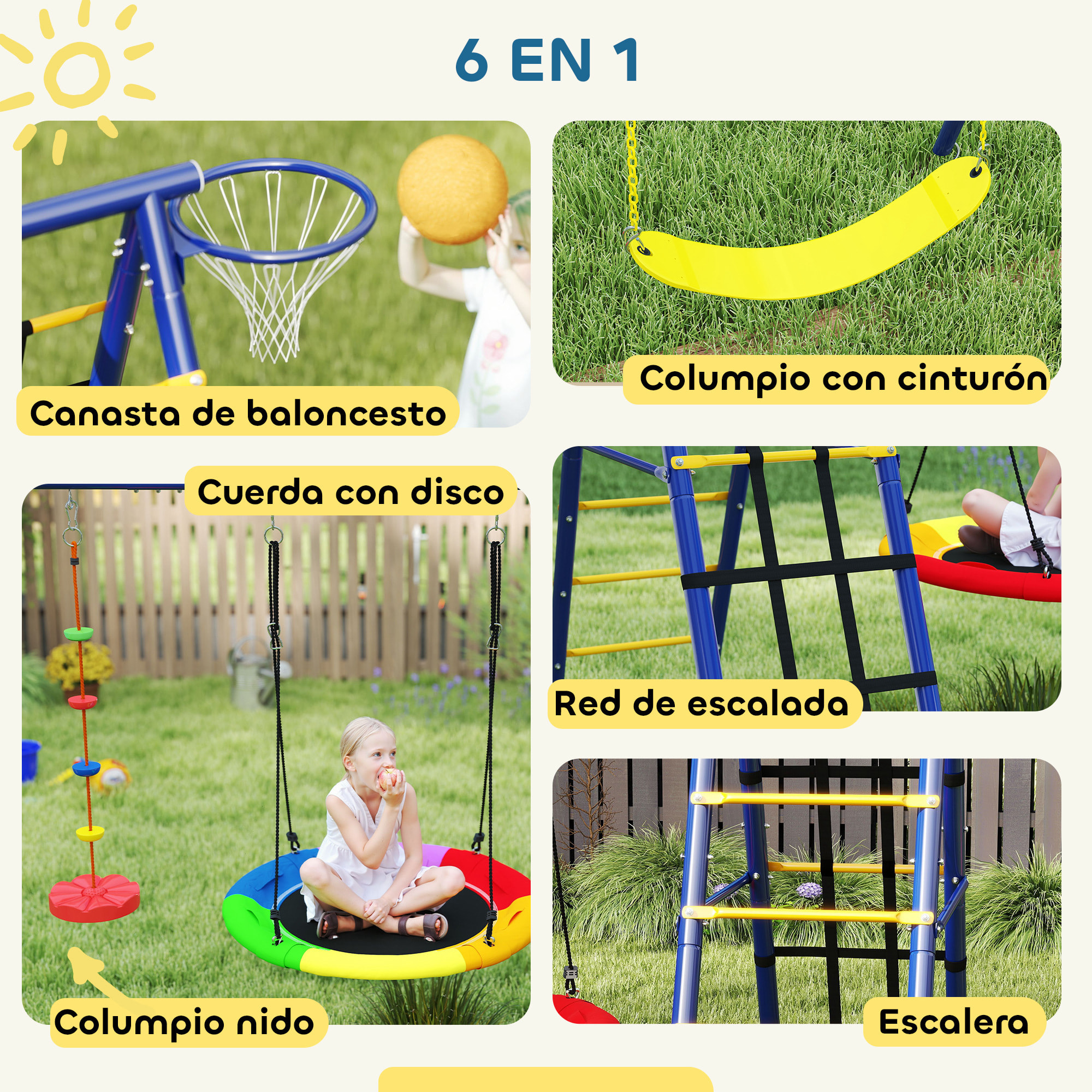Columpios para Niños de +3 Años 6 en 1 Columpios Jardín Exterior con Columpio Nido Cuerda con Disco Red para Escalar Escalera y Aro de Baloncesto Multicolor