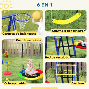 Columpios para Niños de +3 Años 6 en 1 Columpios Jardín Exterior con Columpio Nido Cuerda con Disco Red para Escalar Escalera y Aro de Baloncesto Multicolor