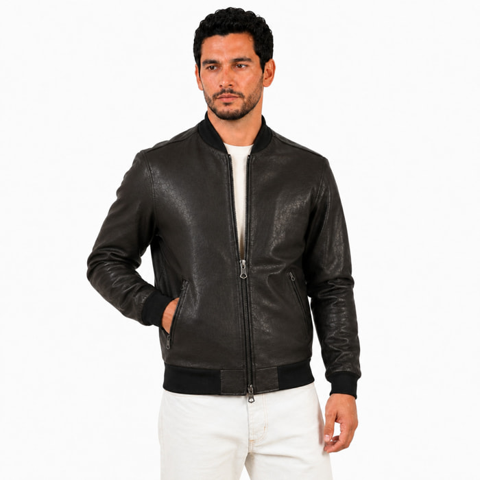 Giubbino in vera pelle di vitello rifinizione vegetale Nero -Slim Fit