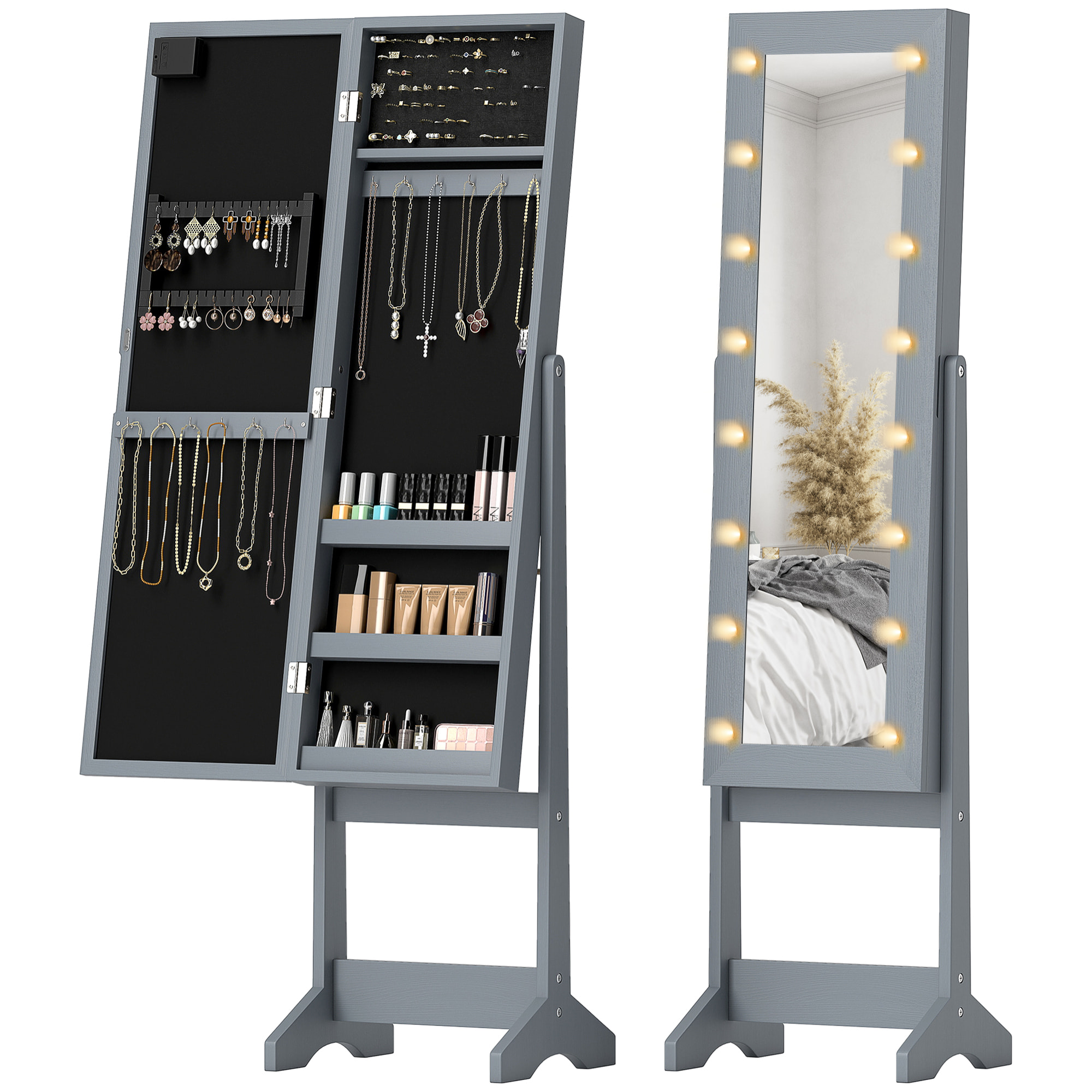 Espejo Joyero con Luces LED, Armario para Joyas, Armario Joyero de Pie con Espejo Entero, Ángulo Ajustable, con Estantes, Ranuras para Anillos, Gris