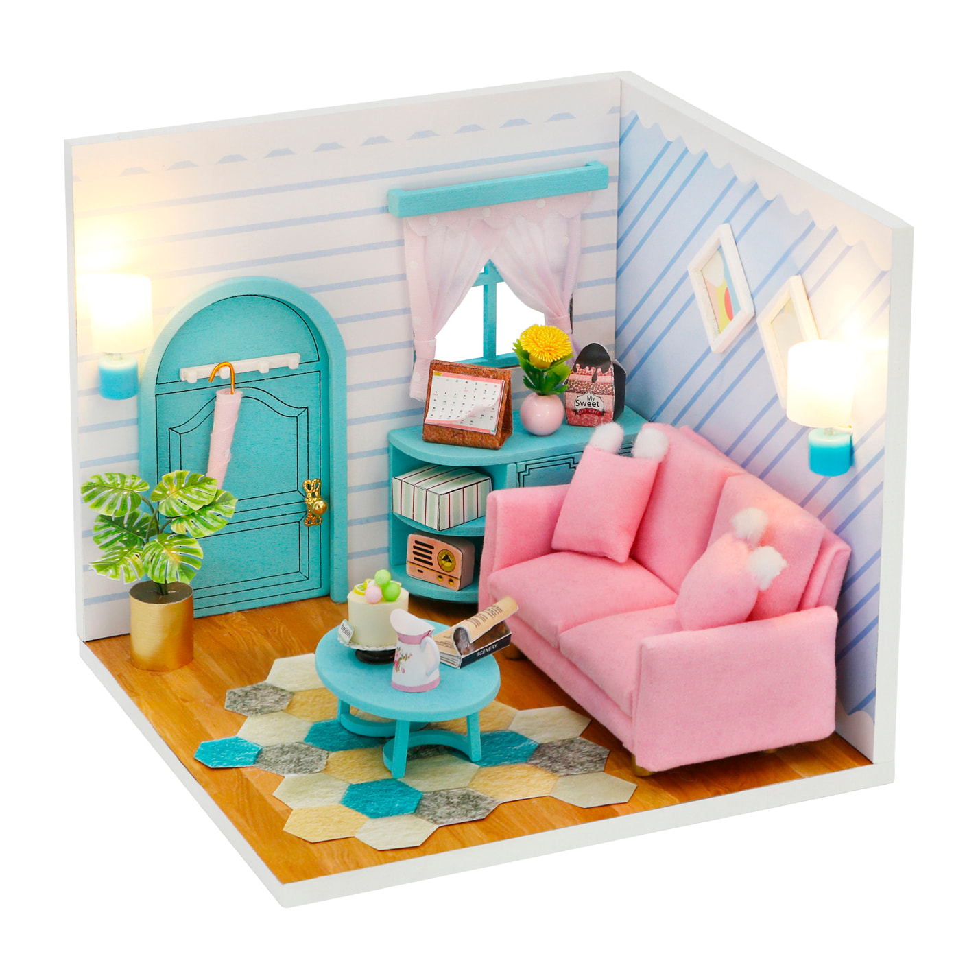 Sala de estar soleada. Maqueta 3D realista con gran detalle y luces led. Parte de la maqueta "Una casa con historia".