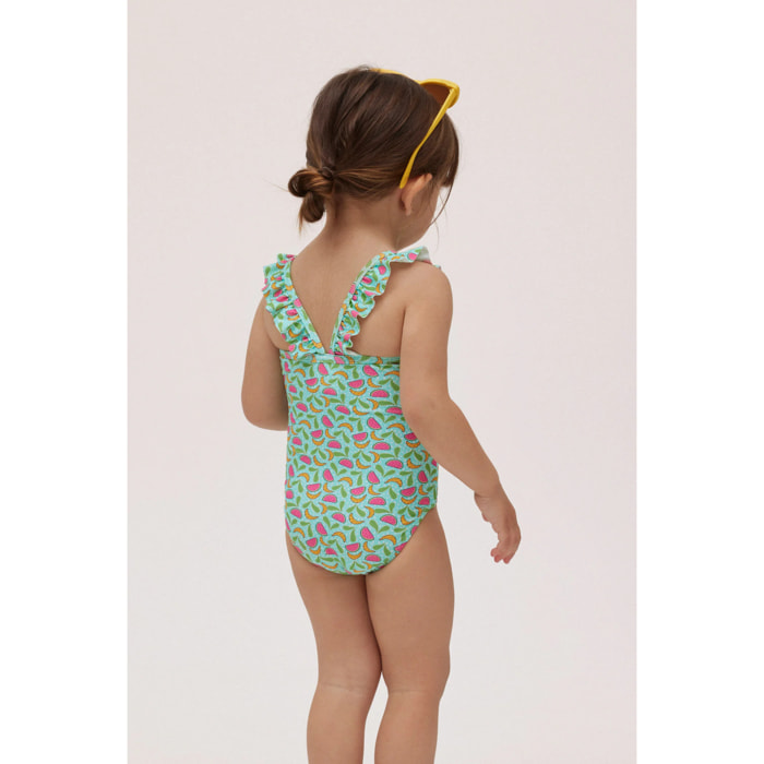 Costume da bagno per bambina con volant e stampa di frutta