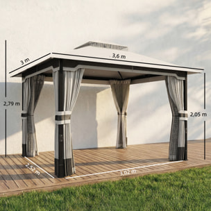 para Jardín 3x3,6 m, Pabellón de Jardín Gazebo con Doble Techo, 4 Paredes Laterales y Mosquitera, Estructura Metálica, Drenaje, Carpa para Exterior, Terraza, Patio, Gris Claro