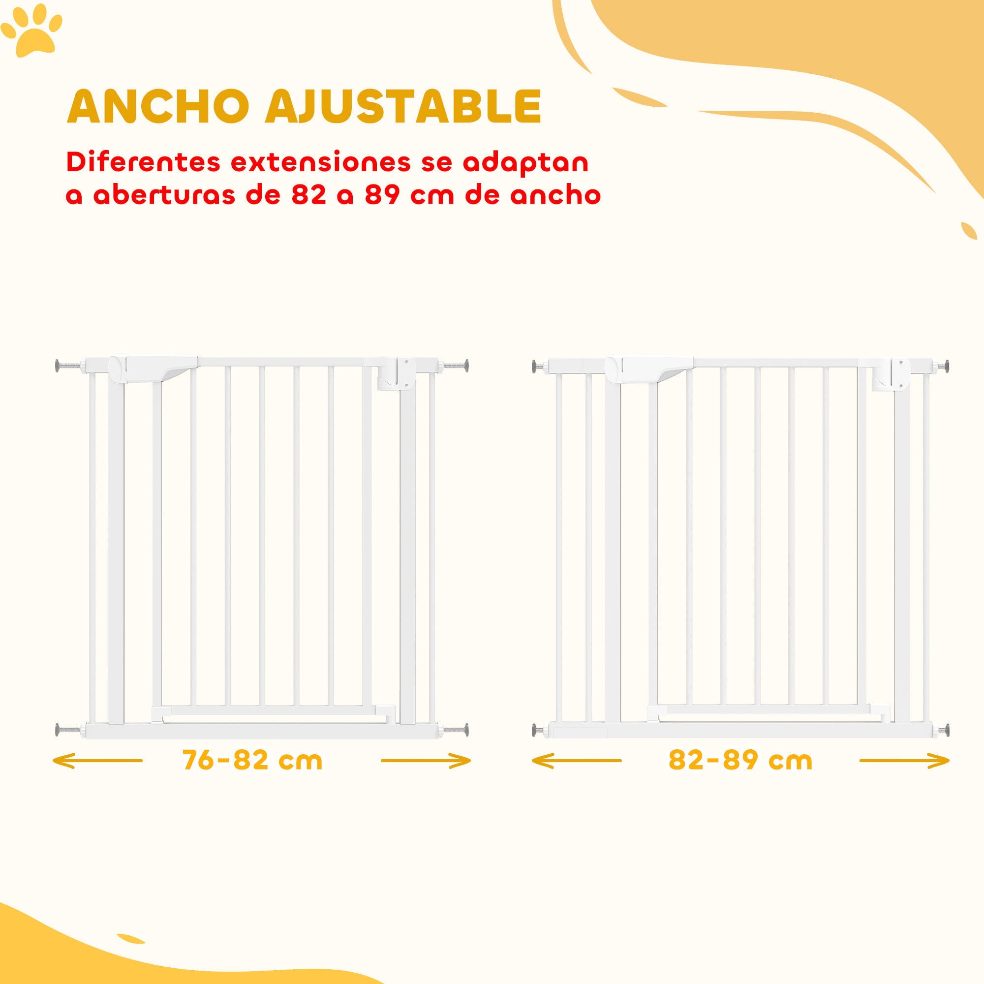 Barrera de Seguridad para Niños y Perros, Extensible 76-89 cm, Puerta para Perros, Bloqueo Doble, Cierre Automático, Apertura Dos Sentidos, Montaje a Presión, Extensión 7 cm, Blanco