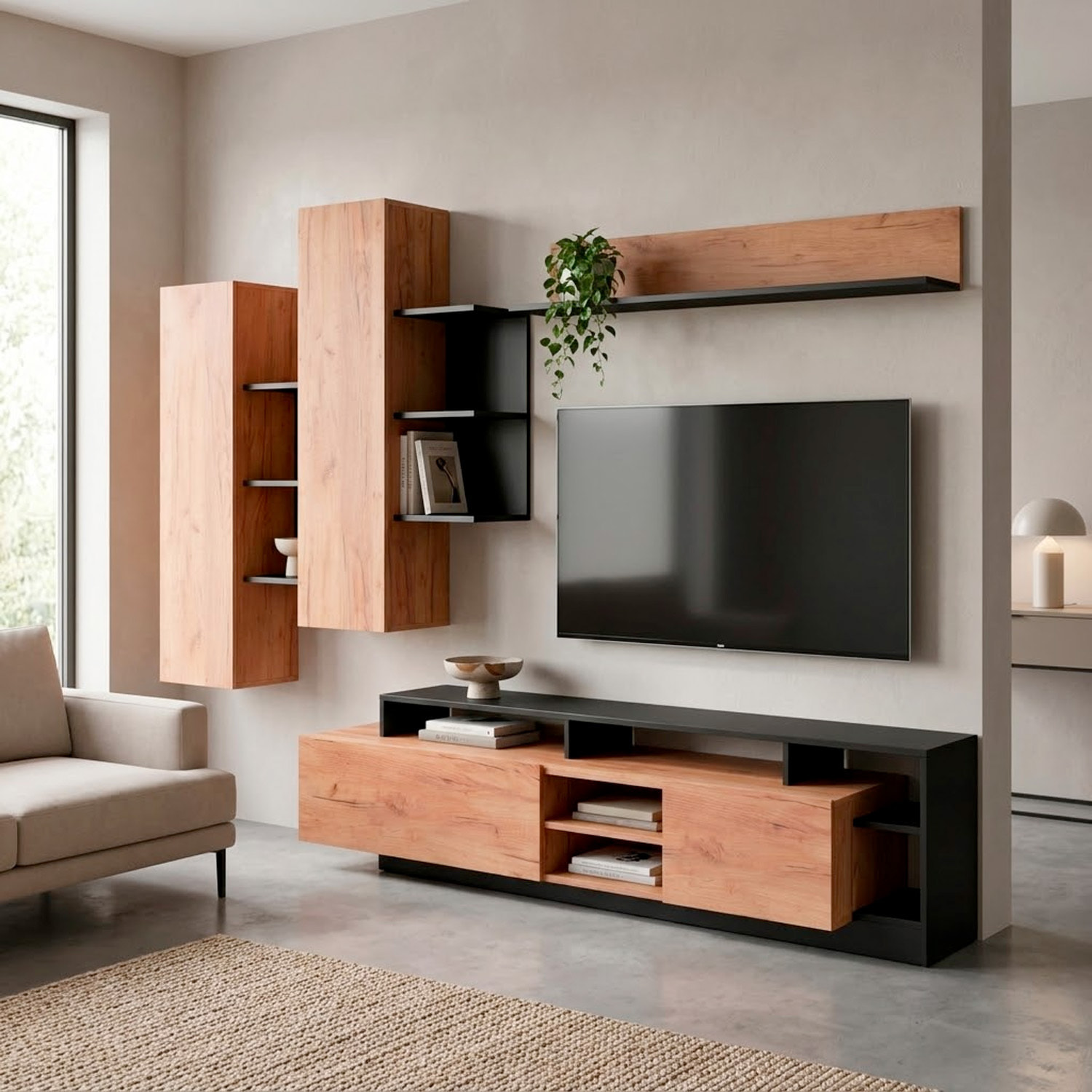 Parete attrezzata mobile da soggiorno mobile da tv moderno  260 x  43.6 x 171.5 cm Rovere e Antracite