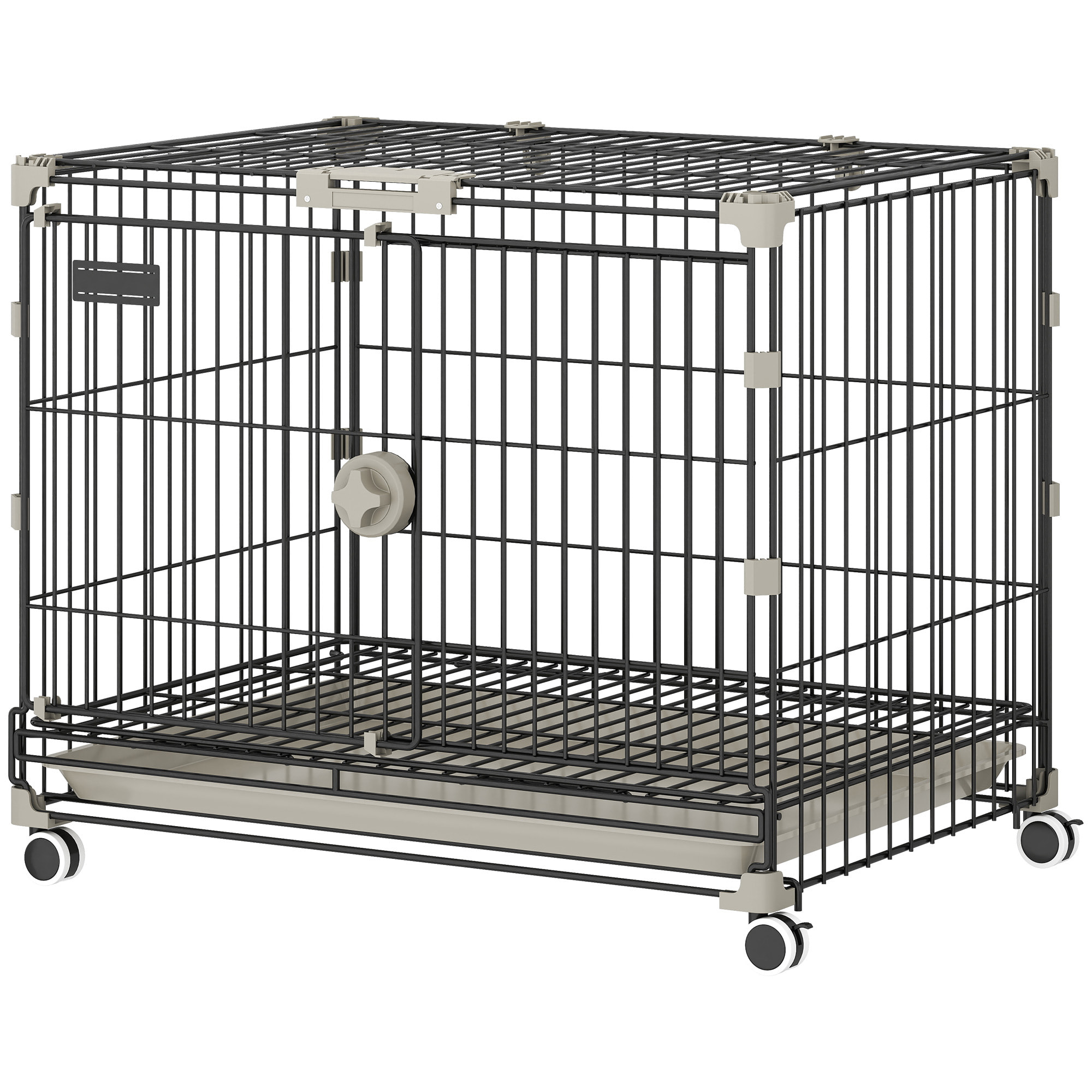 Cage pour Chien Pliable, Plateau Amovible, Roues avec Freins, Toit Ouvrant Verrouillable, Porte de Nourrissage, Niche Chien Interieur pour Petits et Moyens Chiens, 60,5x45,5x54,5cm, Noir