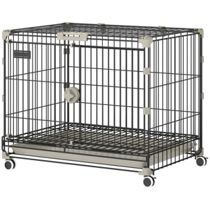 Cage pour Chien Pliable, Plateau Amovible, Roues avec Freins, Toit Ouvrant Verrouillable, Porte de Nourrissage, Niche Chien Interieur pour Petits et Moyens Chiens, 60,5x45,5x54,5cm, Noir