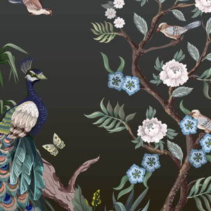 Papier peint panoramique oiseaux et nature élégante fond sombre Intissé