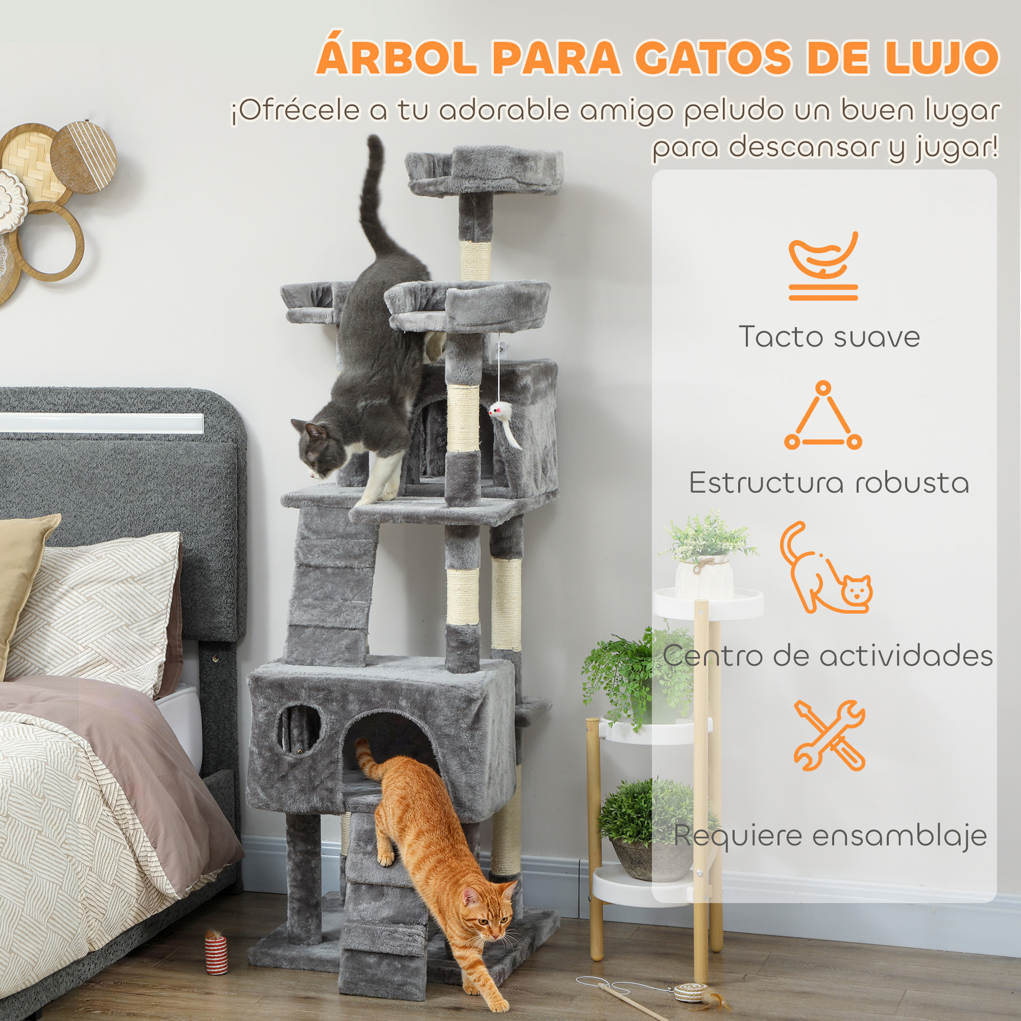 Árbol Rascador para Gatos, Árbol para Gatos 153 cm, Torre Escalador con 2 Cuevas, 3 Camas, 2 Rampas, Postes de Sisal, 2 Ratones Colgantes, Gris