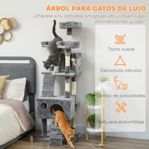 Árbol Rascador para Gatos, Árbol para Gatos 153 cm, Torre Escalador con 2 Cuevas, 3 Camas, 2 Rampas, Postes de Sisal, 2 Ratones Colgantes, Gris