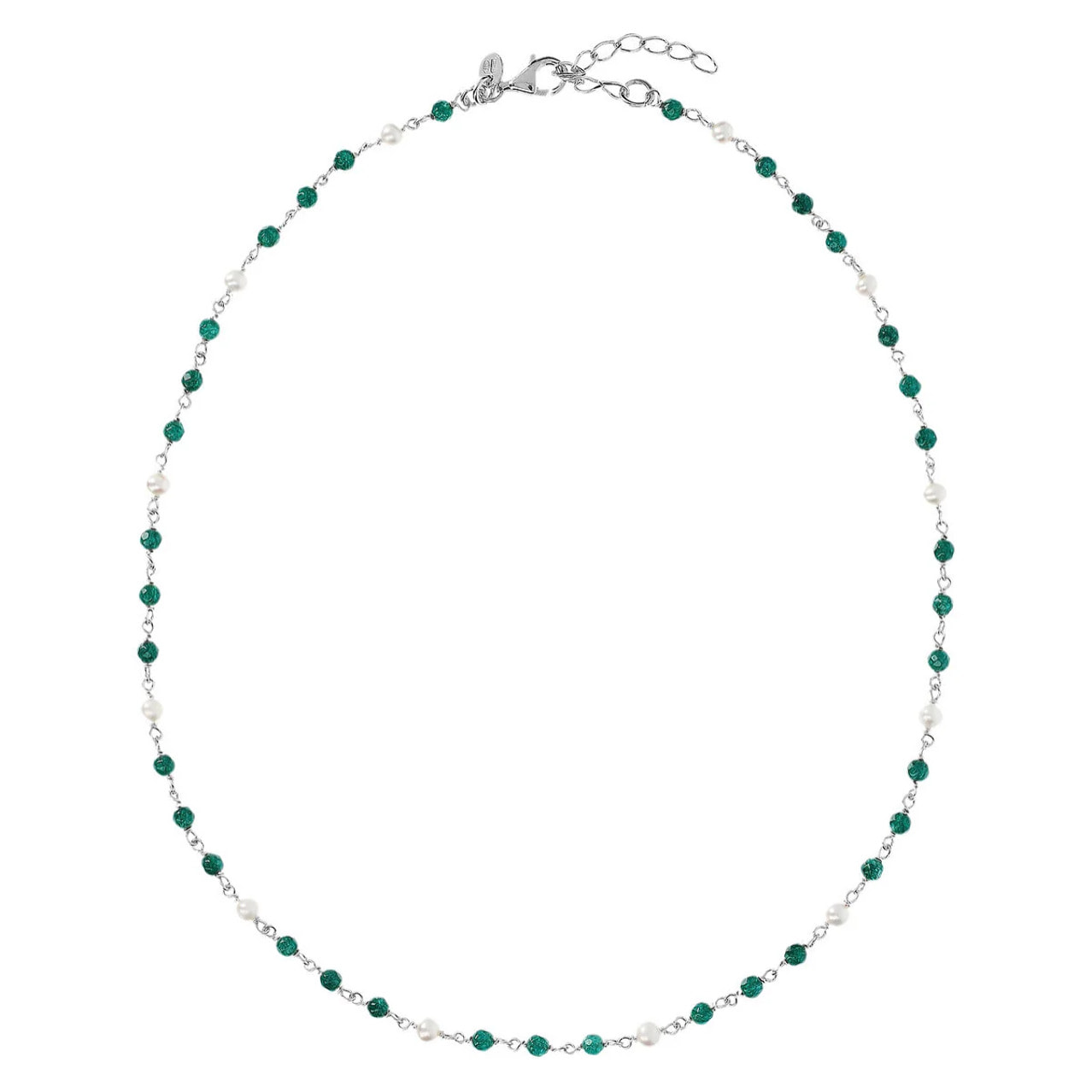 PERLAVIVA - Collana Rosario in Argento 925 placcato Oro Bianco 18Kt con Quarzo Verde e Perle Bianche d'Acqua Dolce Ø 4 mm