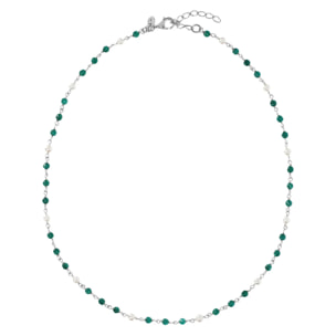 PERLAVIVA - Collana Rosario in Argento 925 placcato Oro Bianco 18Kt con Quarzo Verde e Perle Bianche d'Acqua Dolce Ø 4 mm