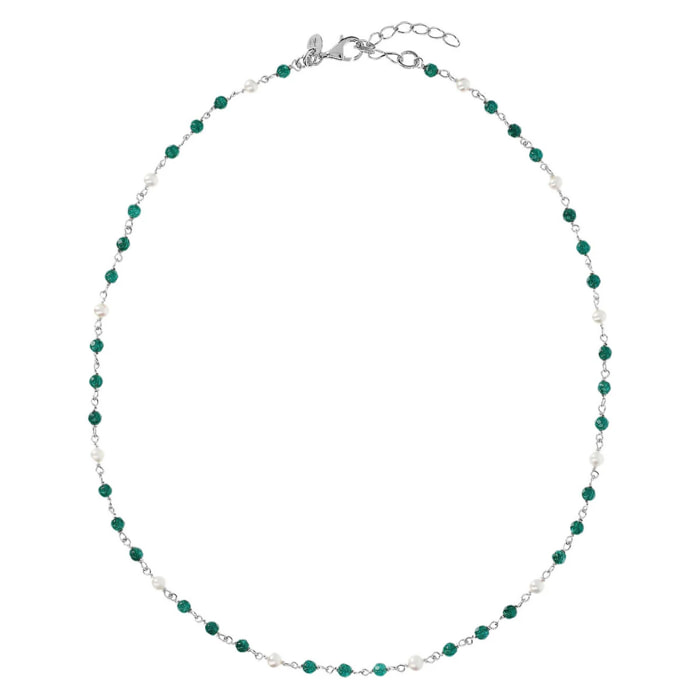 PERLAVIVA - Collana Rosario in Argento 925 placcato Oro Bianco 18Kt con Quarzo Verde e Perle Bianche d'Acqua Dolce Ø 4 mm