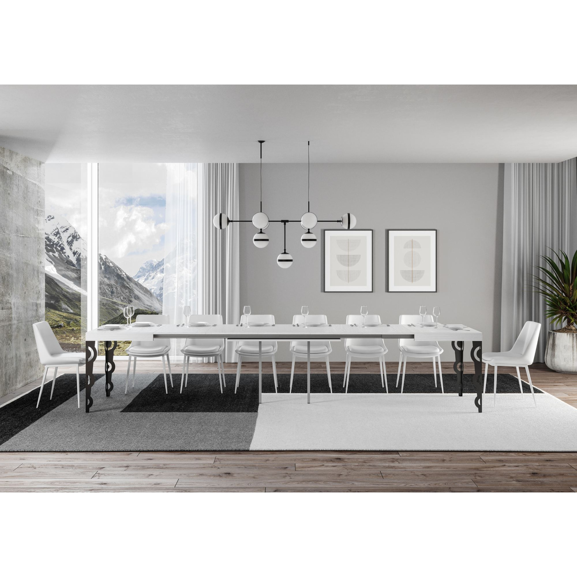 Mesa extensible 90x180/440 cm Karamay Fresno Blanco estructura Antracita