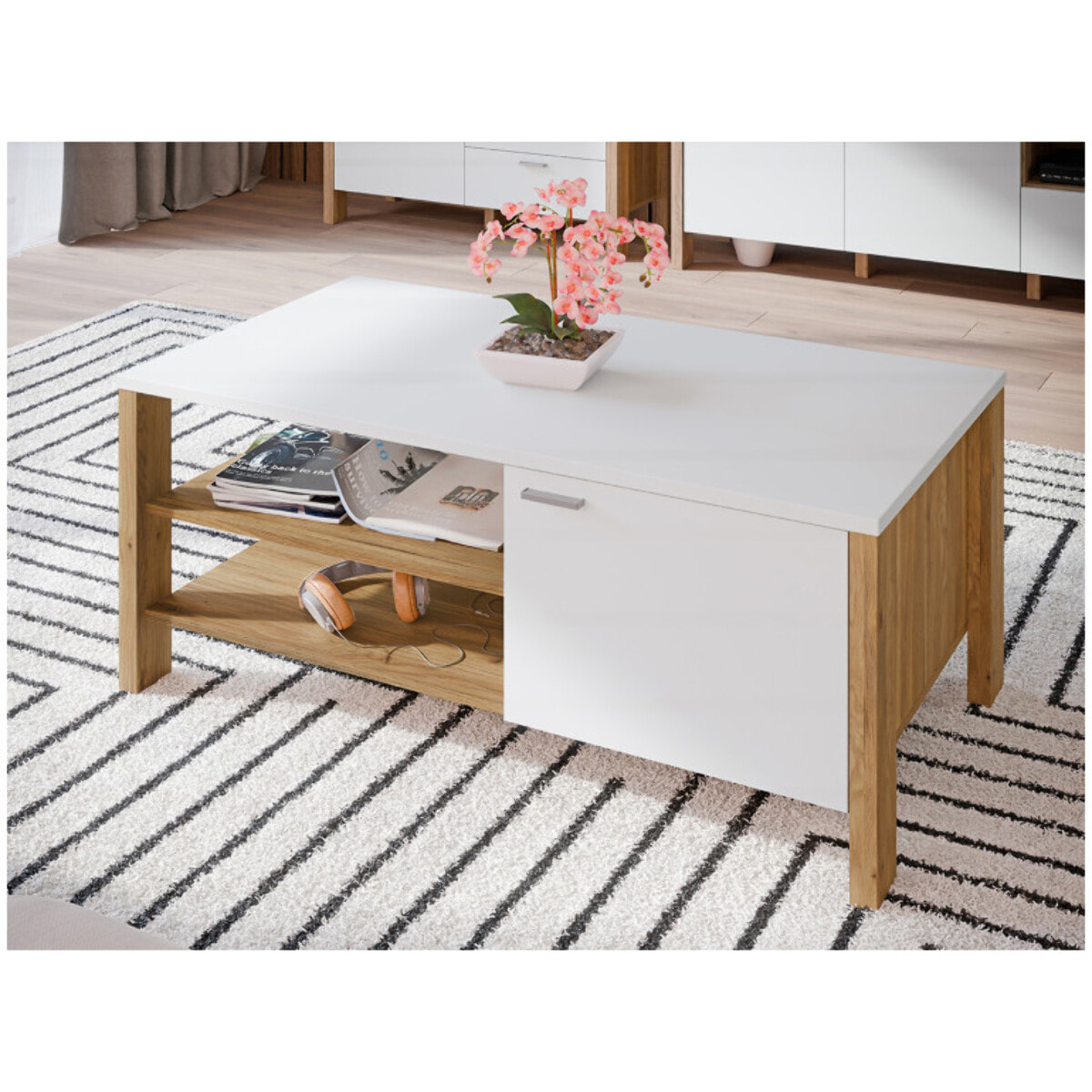 Table basse L110 cm 2 niches 2 portes décor gris clair - BOLERO