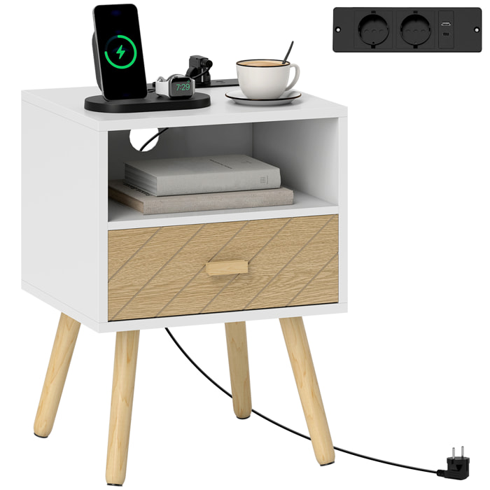 Mesita de Noche con Estación de Carga, Mesilla de Noche con Cajón, 2 Tomas AC, Puerto USB y Tipo-C, Compartimento Abierto, Patas de Madera, para Salón, Dormitorio, Blanco