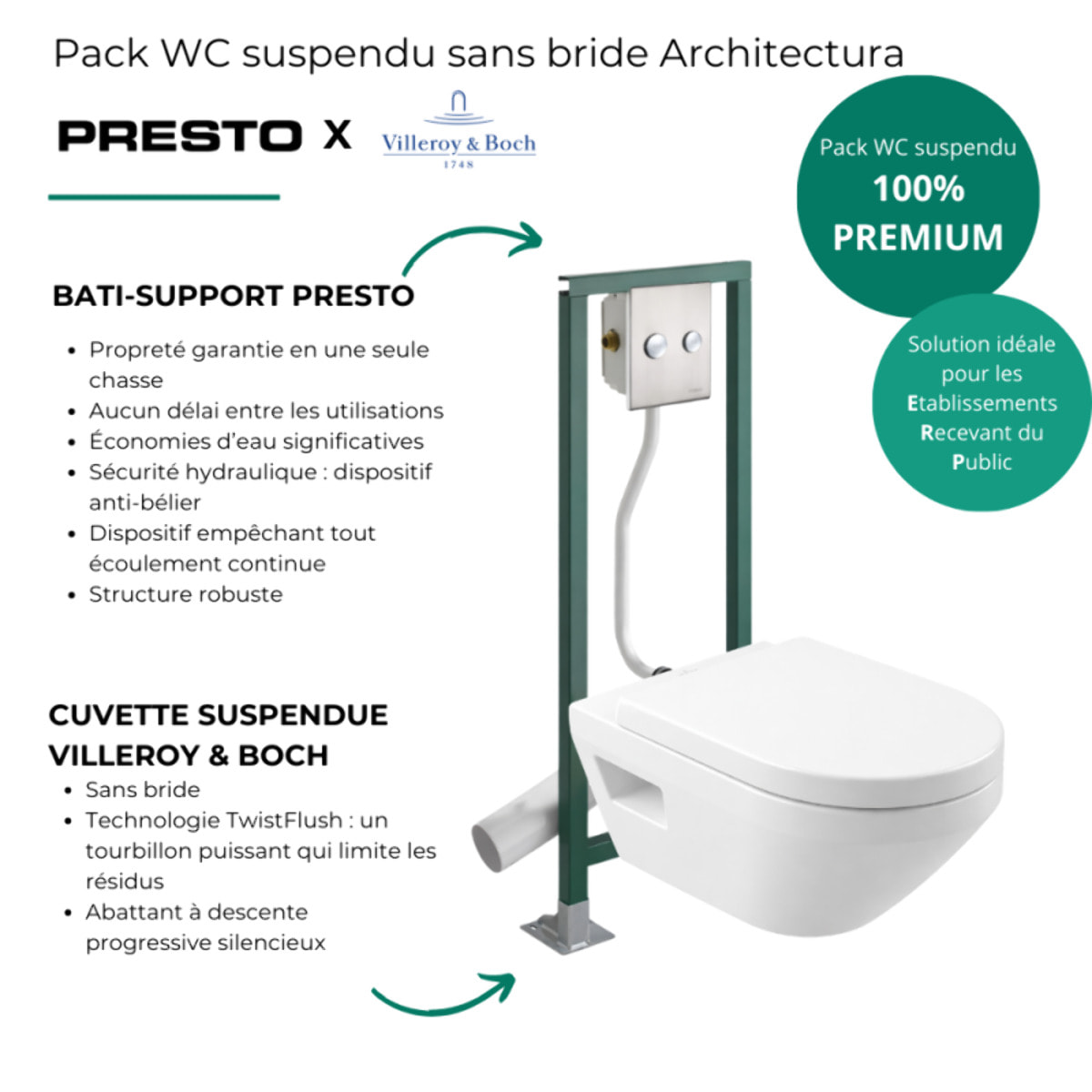 Pack WC suspendu sans bride VILLEROY&BOCH Architectura Twistflush rond + Abattant + Bâti-support autoportant PRESTO + Plaque