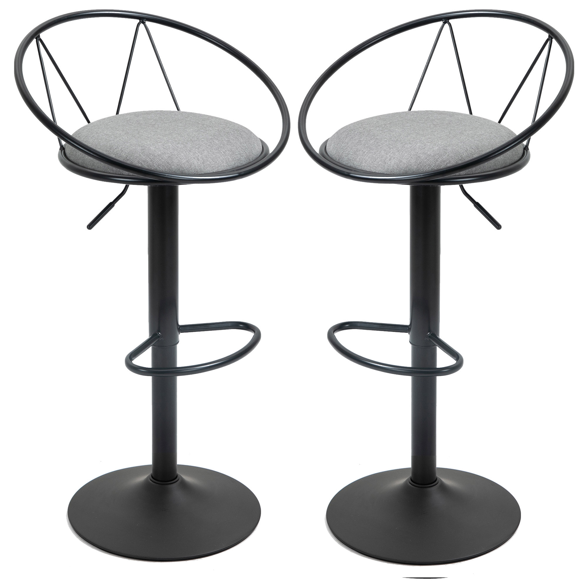 Lot de 2 tabourets de bar design néo-rétro réglable pivotant avec repose-pied métal noir lin gris