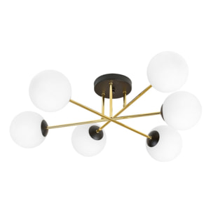 Lampada a sospensione Magnum in acciaio nero e oro con sfere in vetro bianco