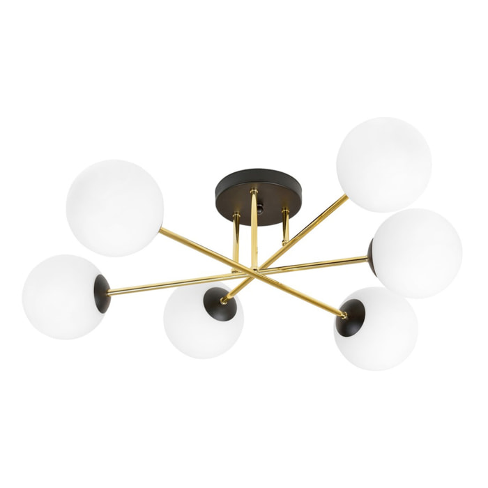 Lampada a sospensione Magnum in acciaio nero e oro con sfere in vetro bianco