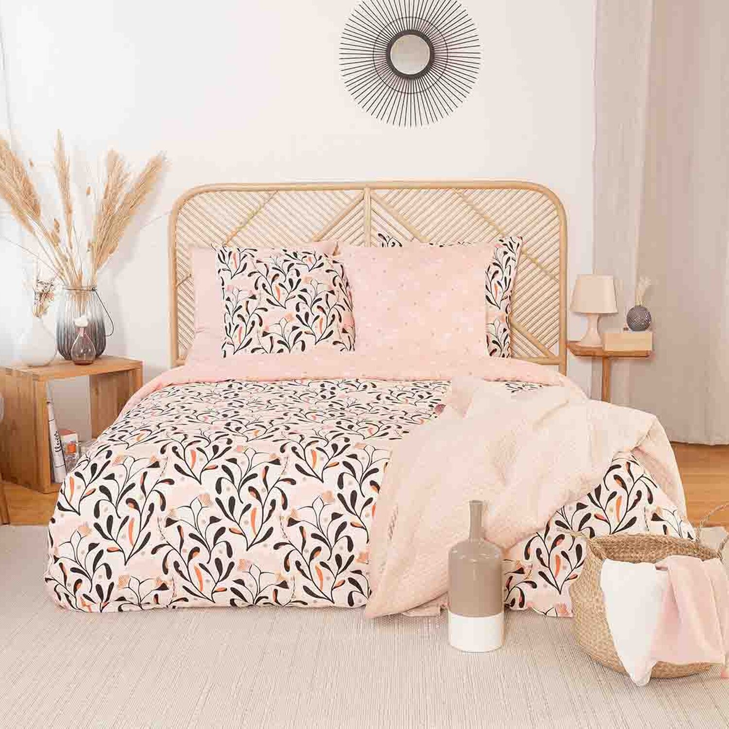 Parure housse de couette imprimé 100% satin de coton - joy - rose