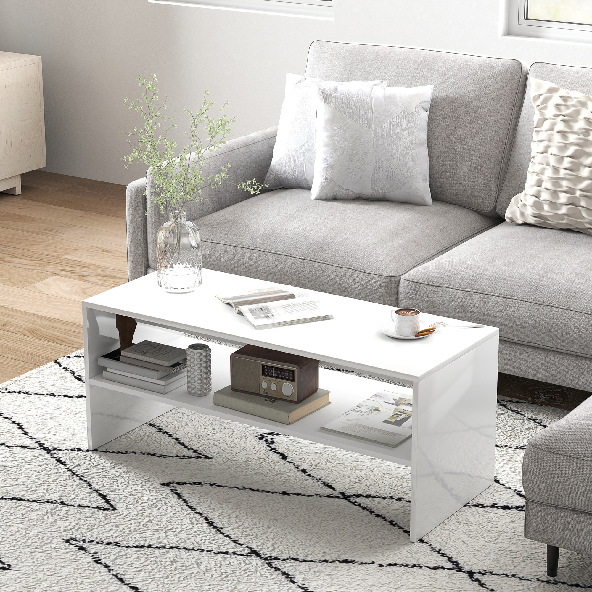 Mesa de Centro Mesa Auxiliar con Compartimento Abierto Mesa de Café para Salón Comedor 100x40x41,5 cm Blanco Brillante
