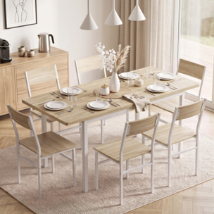 Conjunto de Mesa y 6 Sillas de Comedor de 7 Piezas, Mesa de Cocina Extensible 120-160 cm con 6 Sillas, Ahorro de Espacio, para 4-6 Personas, Marco Metálico, Efecto Roble