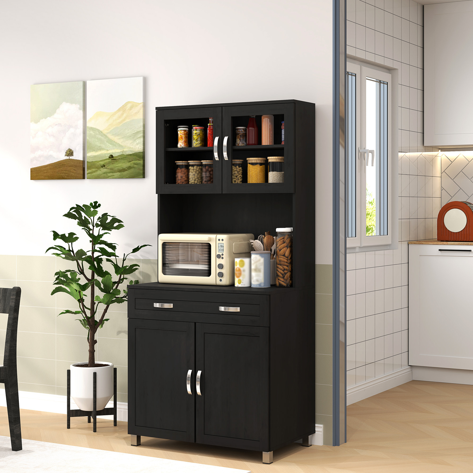 Armoire de cuisine contemporaine multi-rangement 4 portes grand tiroir noir