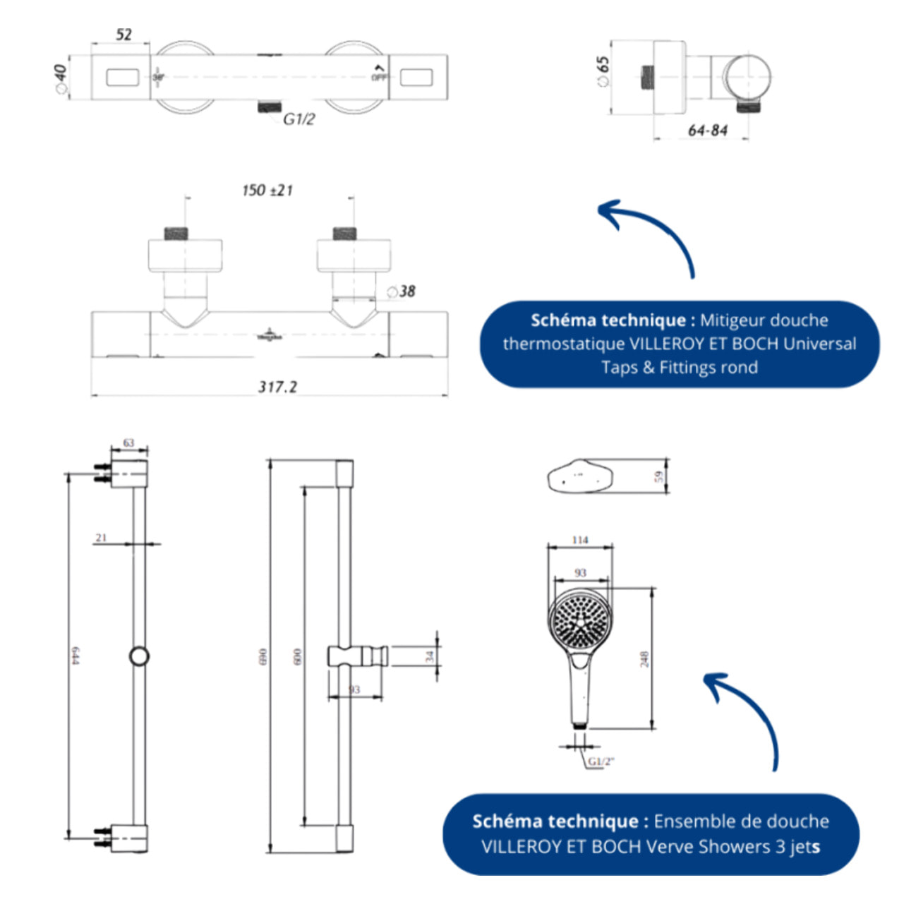 Mitigeur douche thermostatique VILLEROY ET BOCH Universal rond + Ensemble de douche Verve Showers 3 jets
