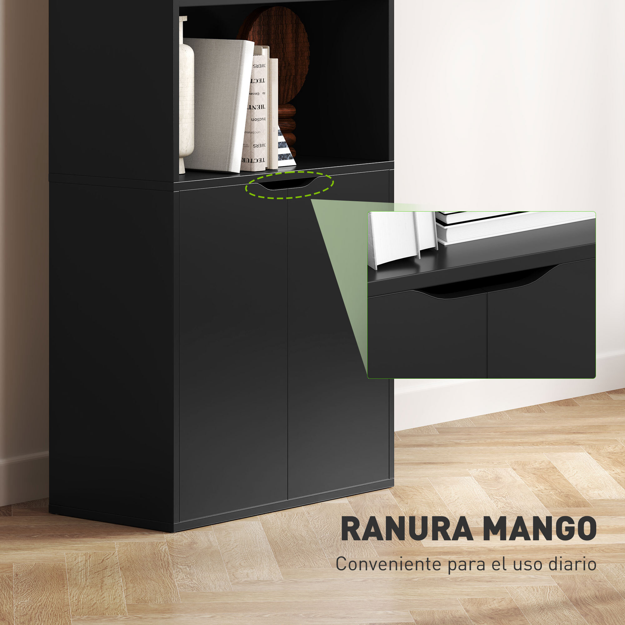 Estantería para Libros de 6 Niveles, Librería con 2 Puertas, 4 Estantes Abiertos, Armario Alto para Salón, Estudio, Oficina, 59x29x180 cm, Negro