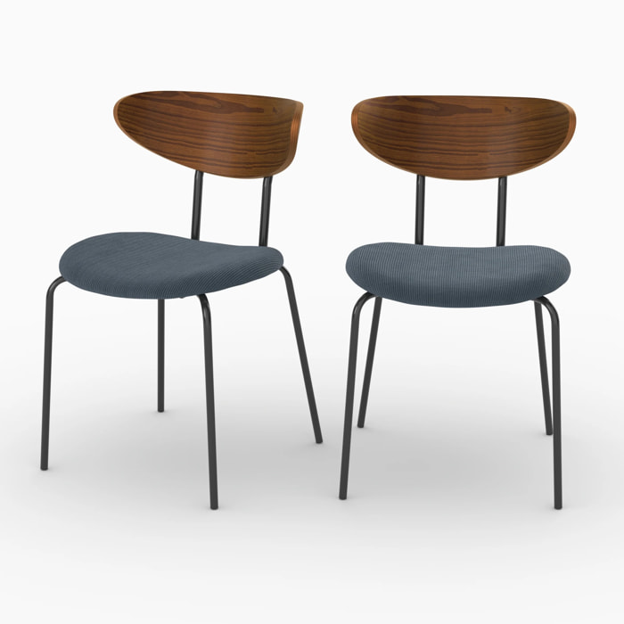 Lot de 2 chaises en velours côtelé bleu marine et dossier en bois - Jade