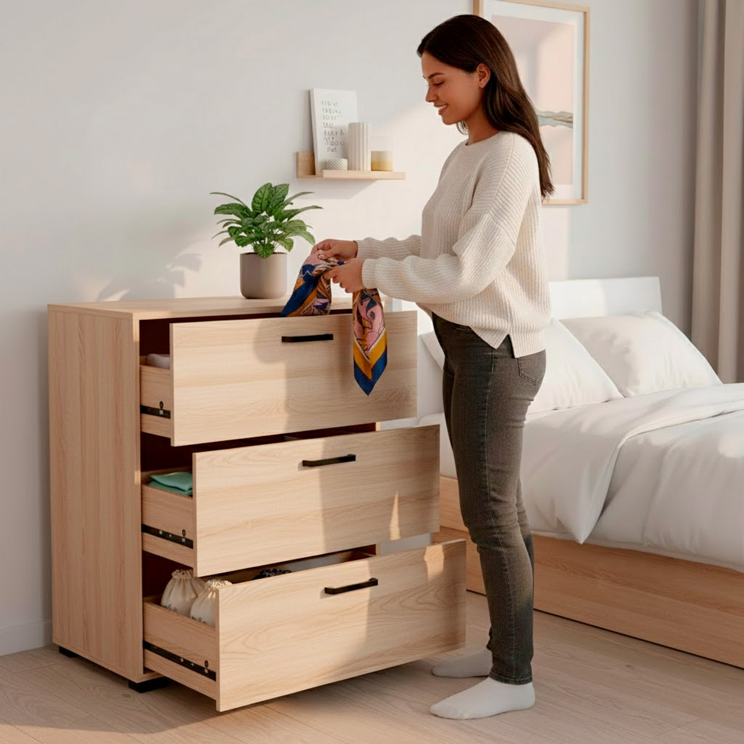 Cassettiera a 3 Cassetti Comò Comodino Mobile Contenitore Salvaspazio Design Moderno Camera da Letto Ingresso Soggiorno 70.2x39.8x82.7 Cm Rovere