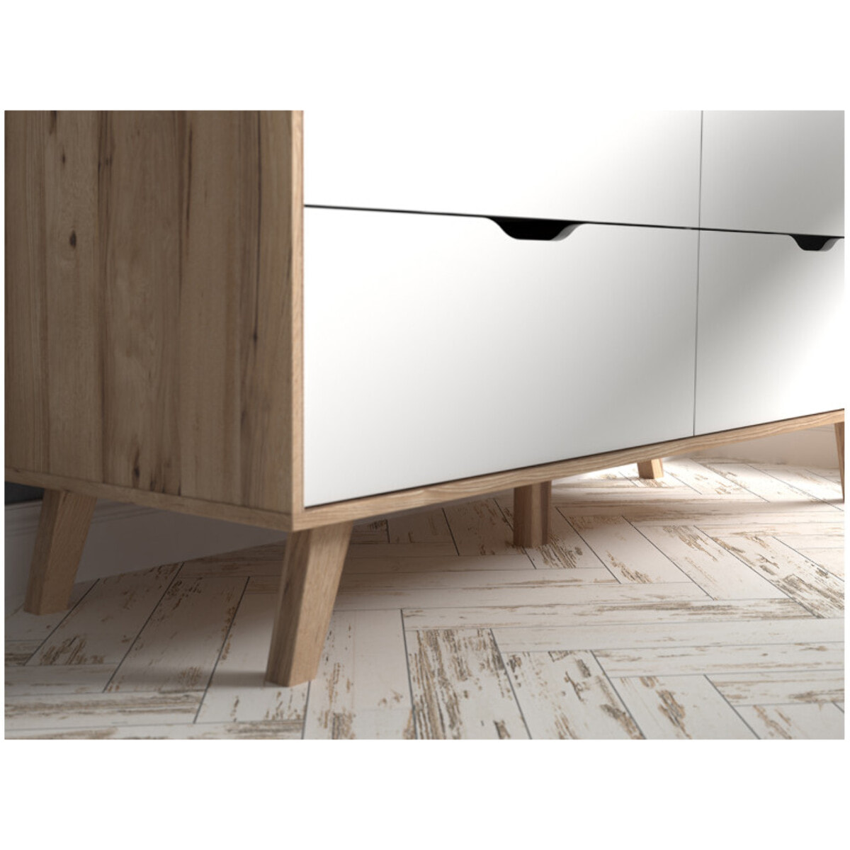 Armoire 2 portes 4 tiroirs effet bois chêne naturel et blanc mat - WANDA