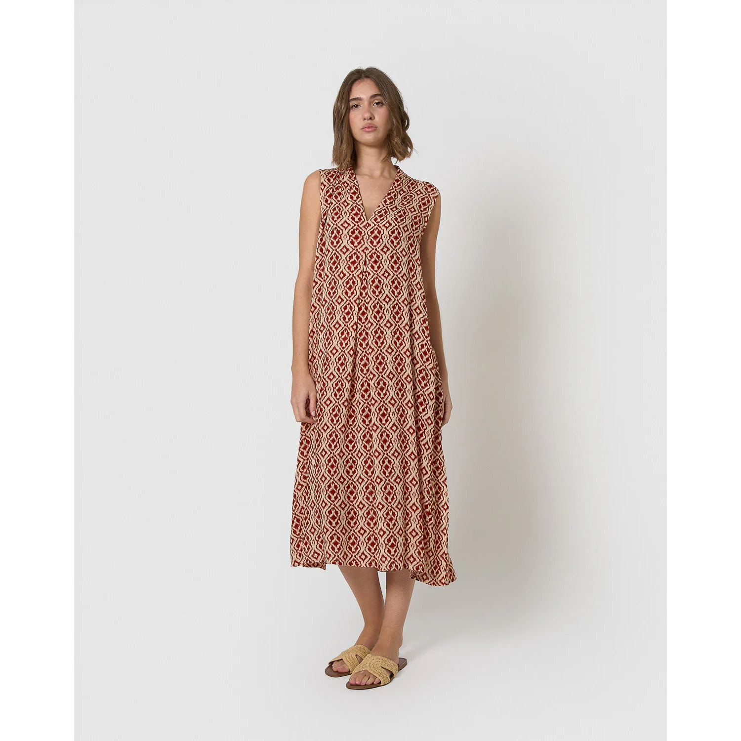 Vestido midi bambula detalles plisados costwolds teja