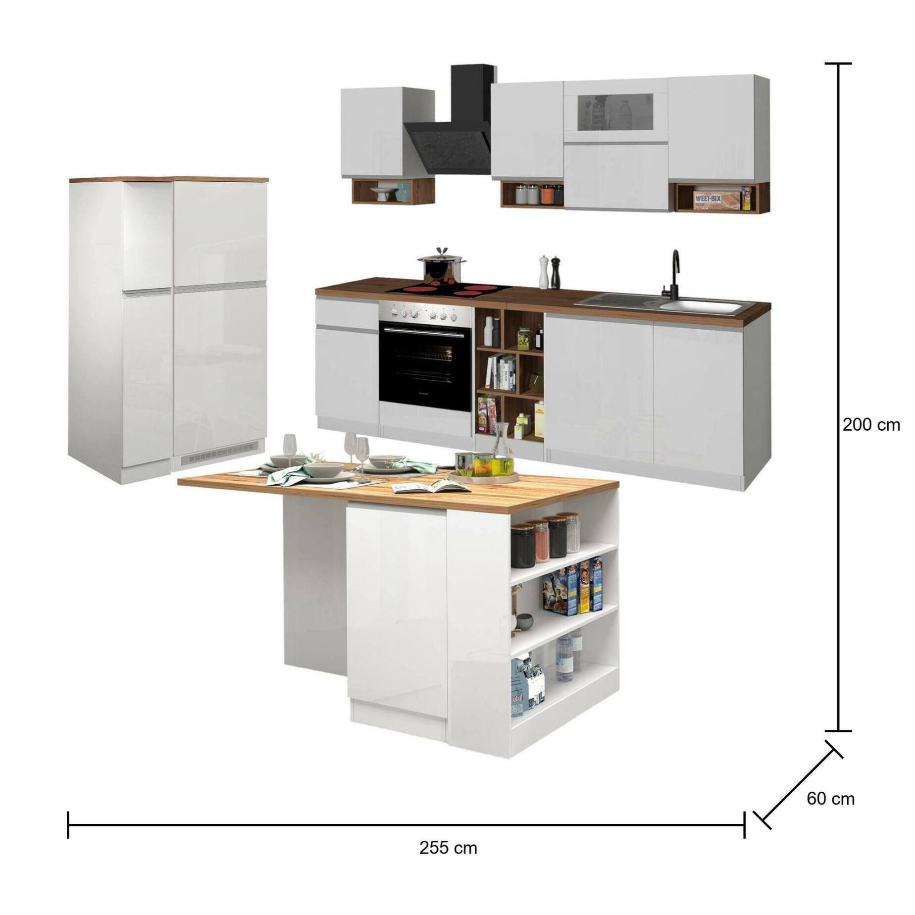 Cucina completa Daquilant, Set da cucina modulabile, Cucina componibile con più elementi, 100% Made in Italy, Bianco lucido e Rovere