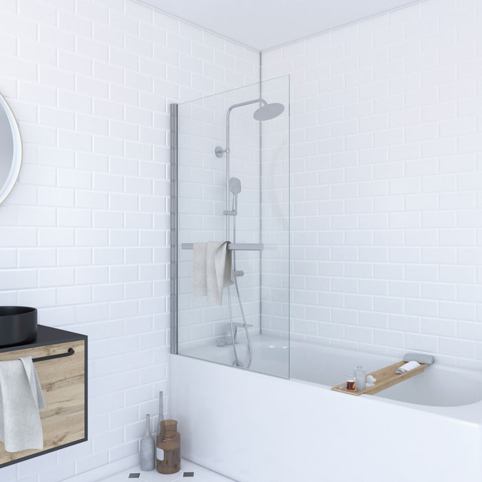 Pare baignoire Pivotant avec Porte-Serviette 85x150cm - Profilé Chrome - Verre 6mm - TSHAPE CHROMED