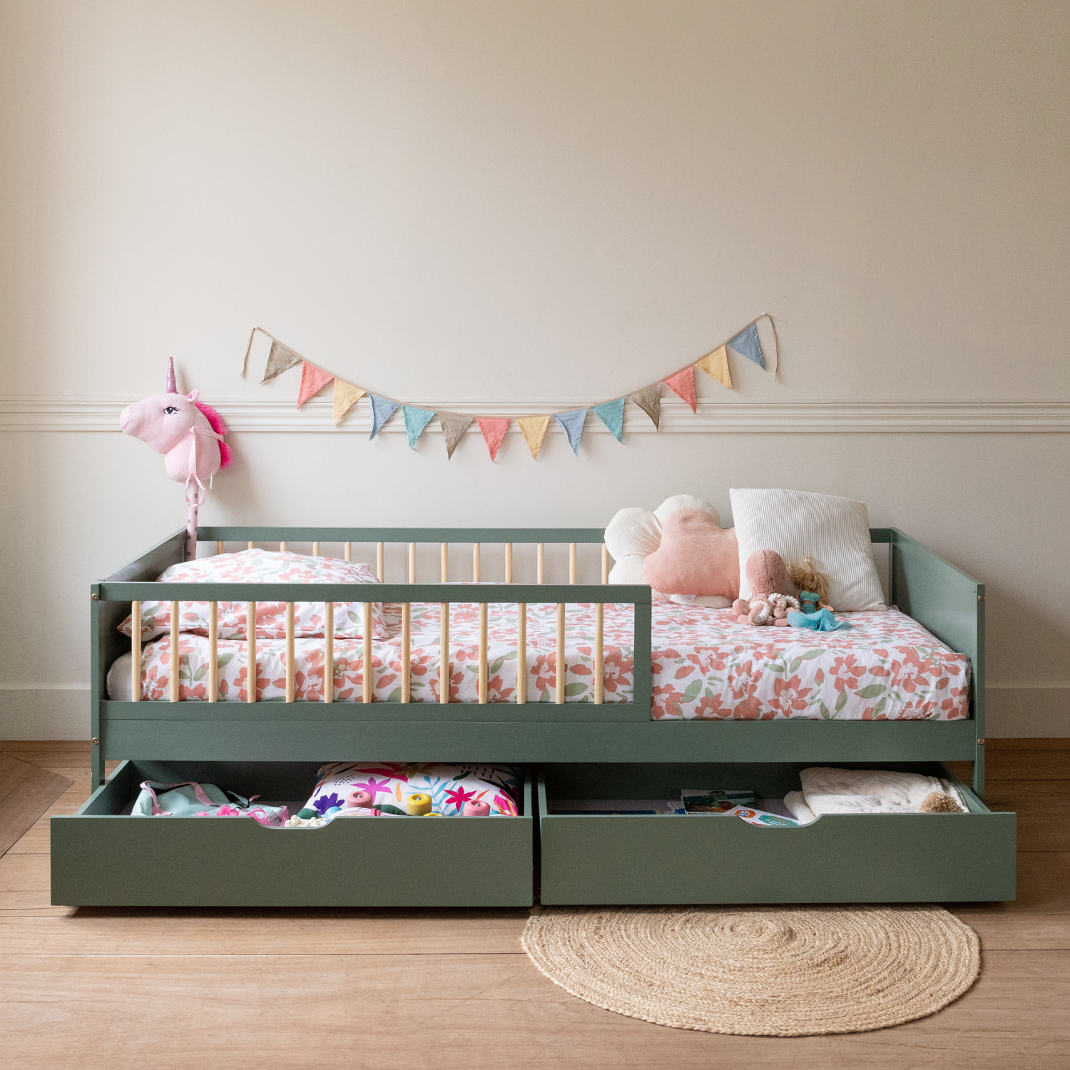 Lit pour enfant 190x90cm vert avec tiroirs ADAM