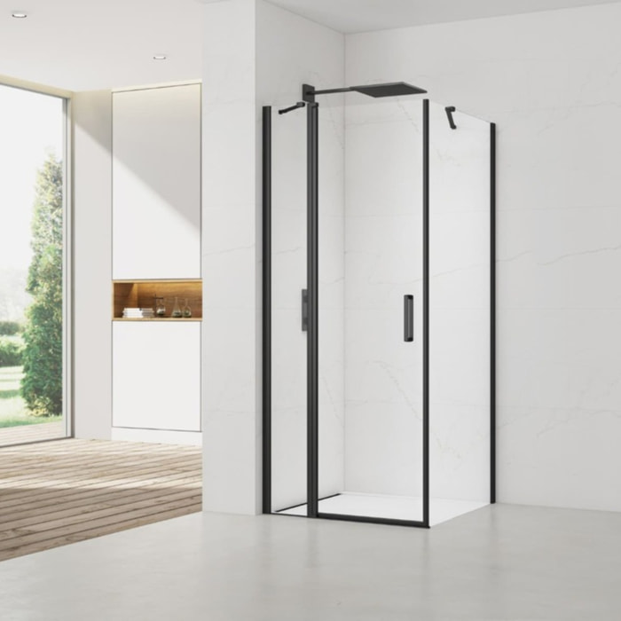 Fusion ensemble porte pivotante /paroi 80x80cm anticalcaire avec profilés noir mat (SATFUDP80S80C-SET)