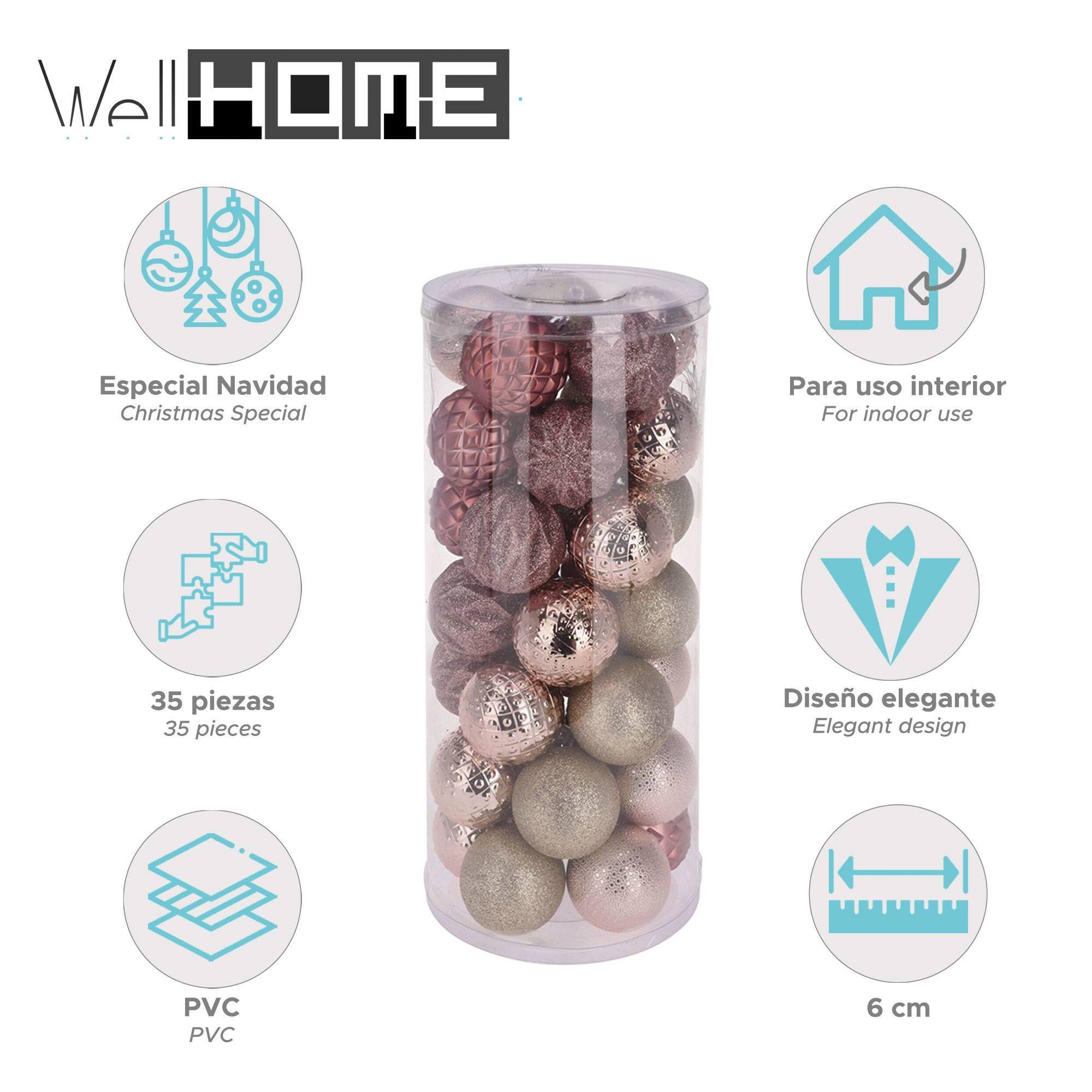 set de 35 bolas de navidad de 6cm con 5 diseños diferentes en relieve color rosa