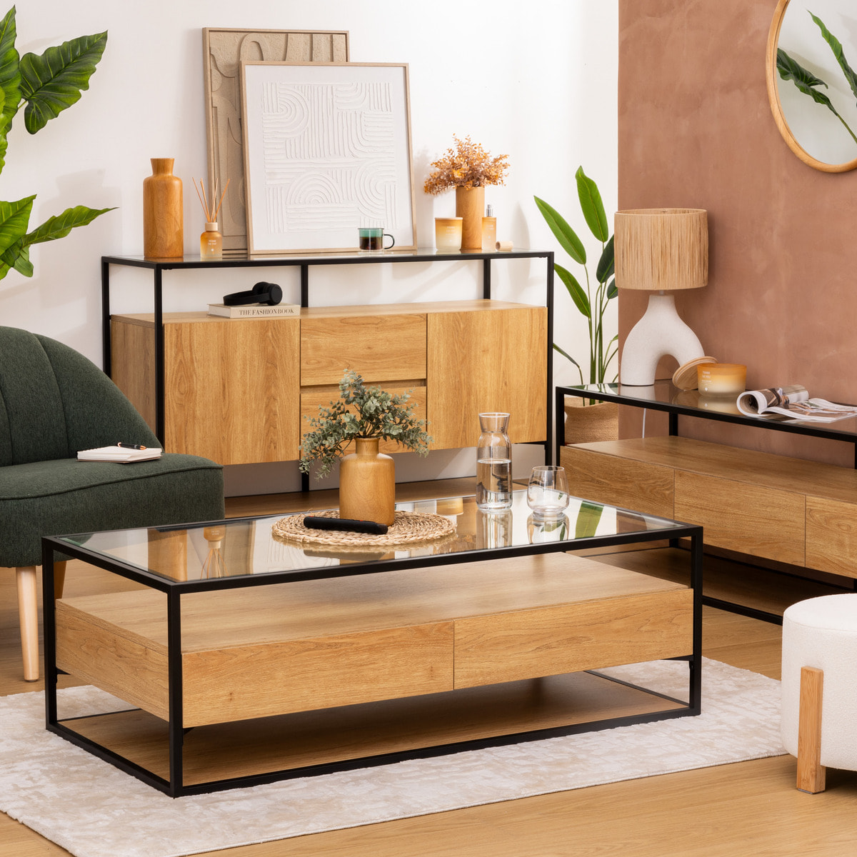 Table basse 2 tiroirs "Aldea" beige 120x60x40cm