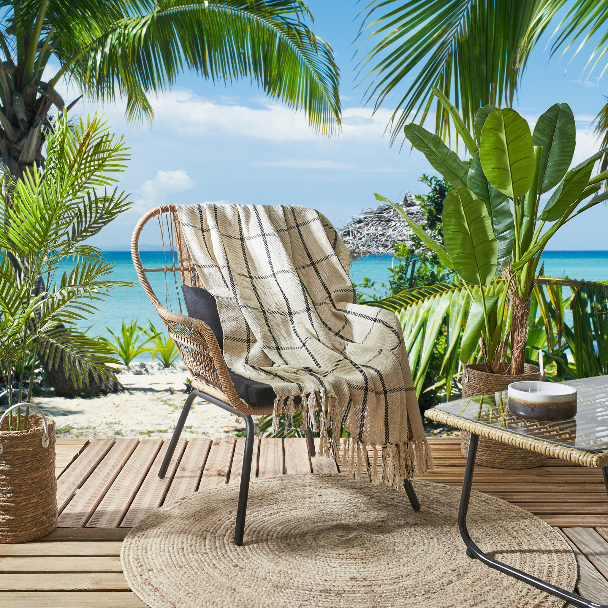 Plaid Coton Imprime Beige Et Noir 150x120cm