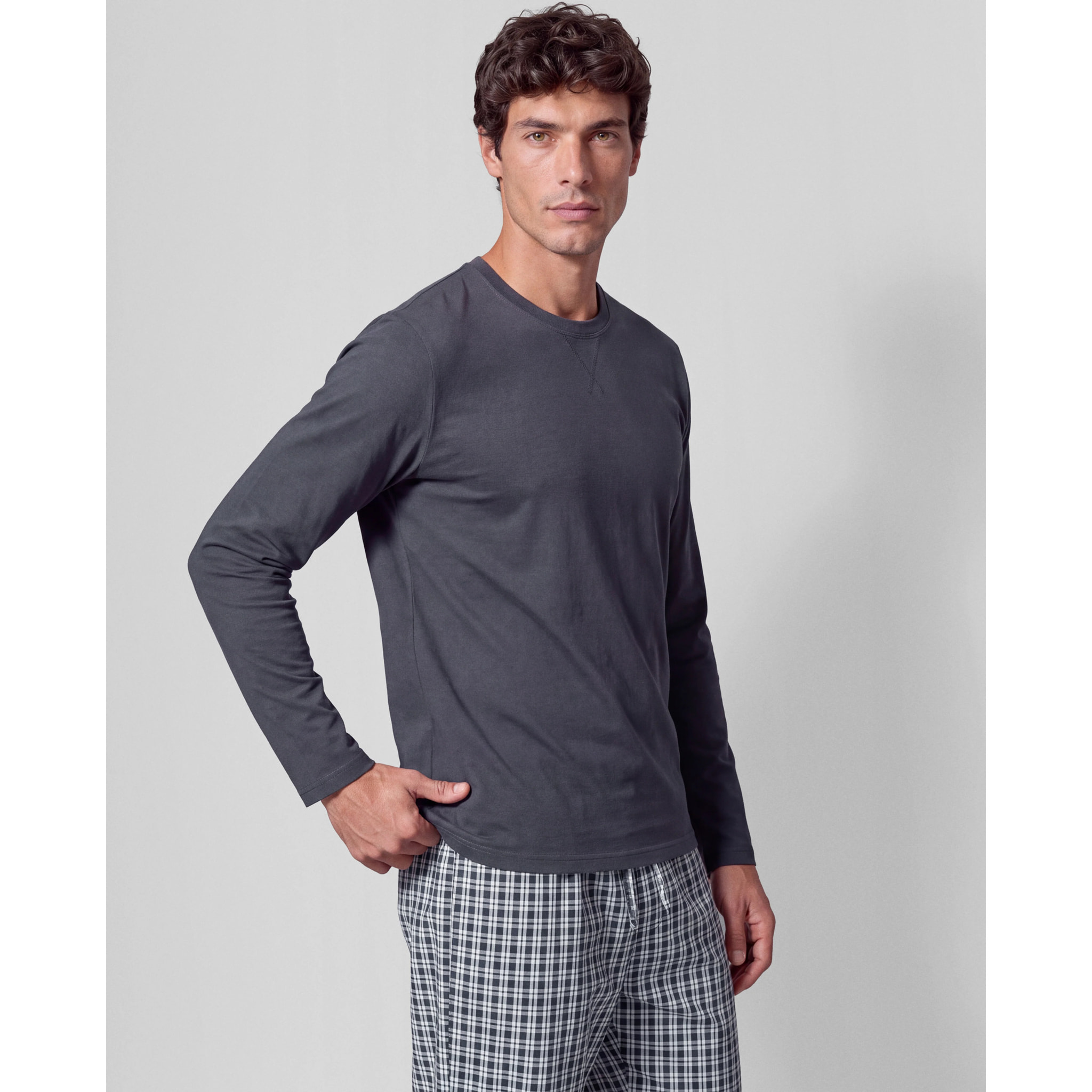 Pijama largo de algodón cuadro velia gris marengo