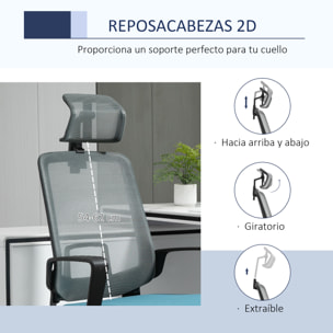 Vinsetto Silla de Oficina Ergonómica Silla Escritorio Giratoria con Altura Ajustable Soporte Lumbar Reposabrazos y Reposacabezas Regulable Malla Transpirable 63,5x63x116,5-125,5 cm Azul y Gris