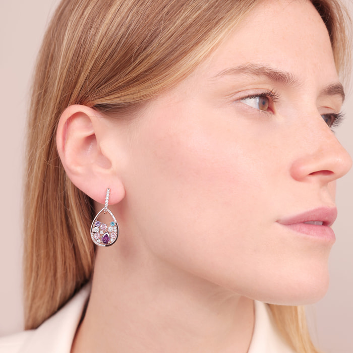 Orecchini a Cerchio con Ciondolo in Pavé e Cubic Zirconia Miste Colorate